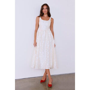 Immaculate Elegance Cream Jacquard Lace-Up Midi Dress